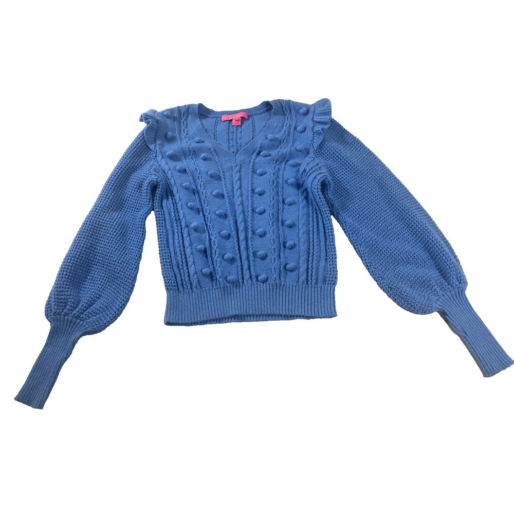 Lilly Pulitzer Kippa Women Blue Long Balloon Sleeve Pom Pom Sweater Small